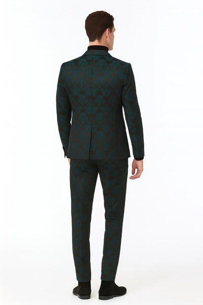Men’s Emerald Green Floral Jacquard 3-Piece Tuxedo Suits – Slim Fit Formal Set with Blazer, Vest, and Pants Paisley Fabric - Ultra slim fitted