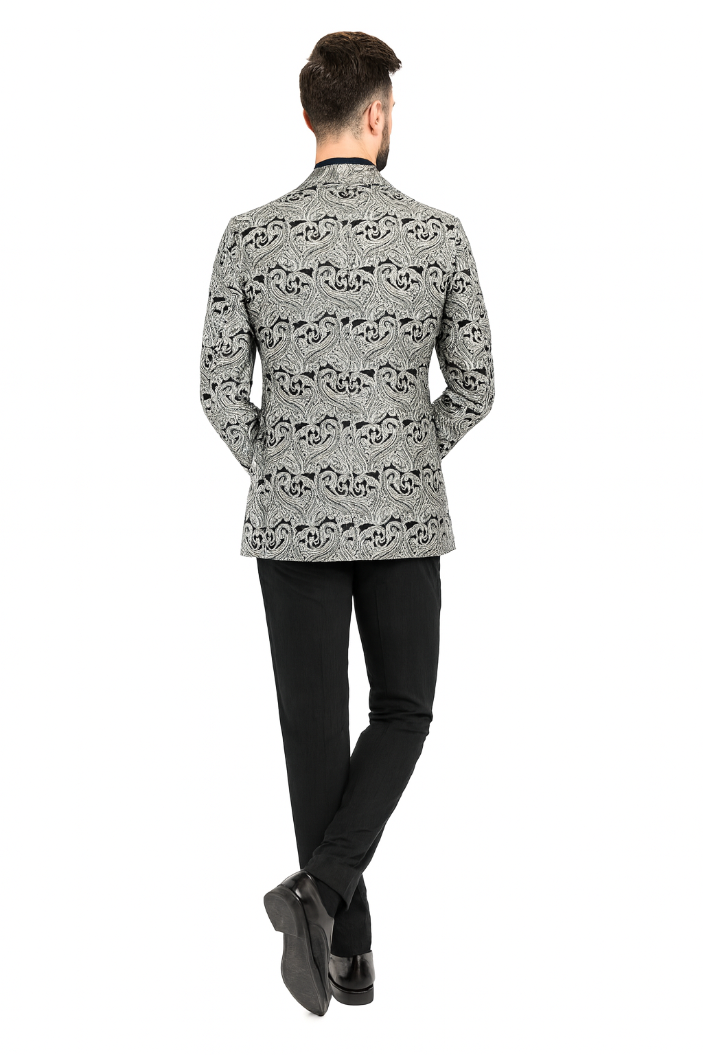 Men’s Black and Silver Paisley Tuxedo Jacket wiith Matching Bow Tie and Black Pants