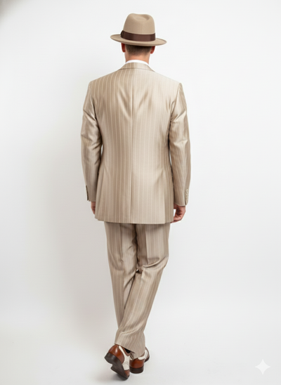 Men’s 1920s Vintage Beige Pinstripe Three-Piece Suit – Classic Fit Jacket, Vest and Trousers - Champaign Tan Color
