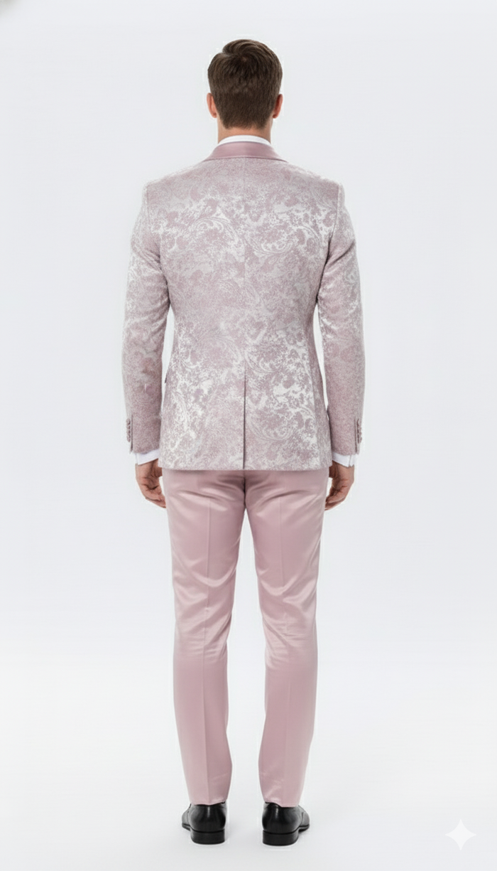 Men’s Light Pink Dusty Rose -  Floral Tuxedo Suit – Luxury Satin Shawl Lapel 3-Piece Formal Wedding and Prom Suit in Blush Mauve color
