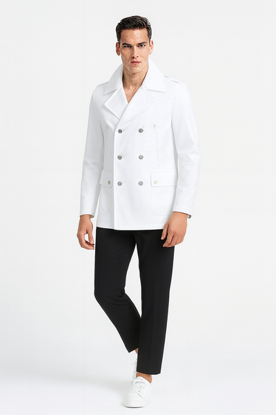 Men’s White Double-Breasted Wool Peacoat Slim Fit