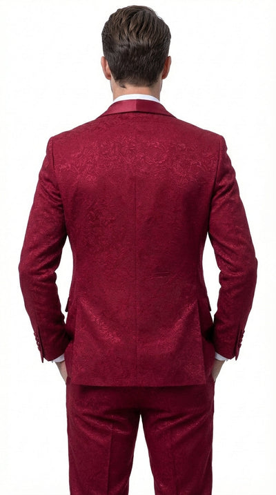 Mens Burgundy Wedding Tuxedo Suit – Paisley Three Piece Formal Suit Set with Shawl Lapel for Groom, Prom