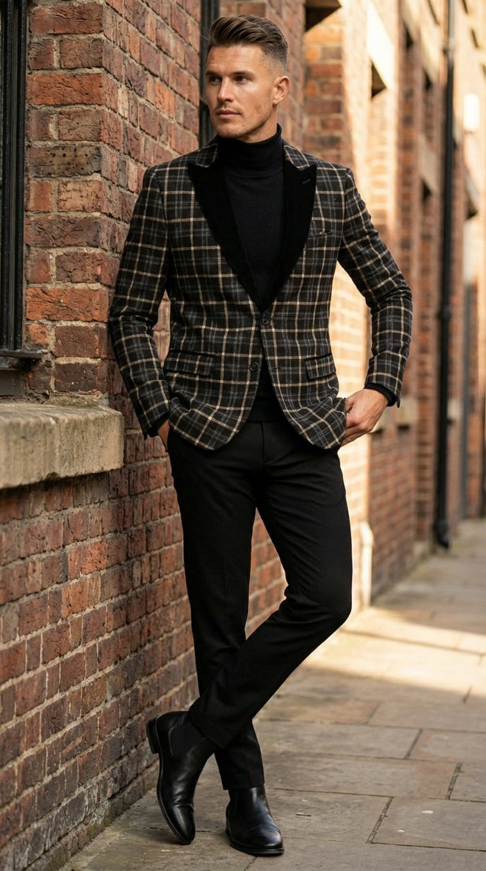 Mens Tartan Black and Gold Check Blazer – Windowpane Plaid Sport Coat Velvet Lapel Formal Party Jacket Chirsitmas New Year Holiday Jacket