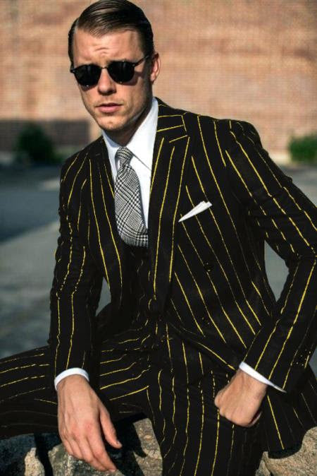 Men's Gangster Pinstripe 2-Button Suit, Black & White