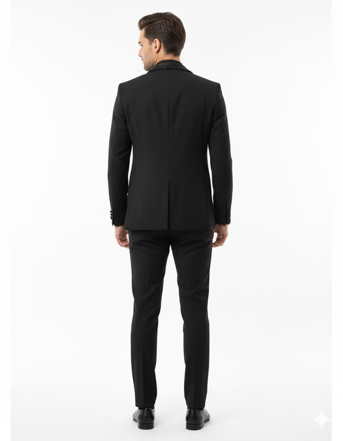 Black Designer Blazer with Beaded Lapel