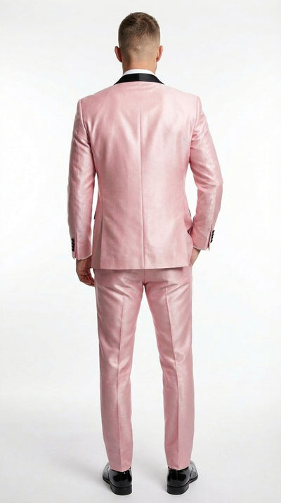 Men’s Blush Pink Shiny 3 Piece Suit with Black Shawl Lapel | Light Pink Prom Suit Sharkskin Fabric - Ultra Slim Fit