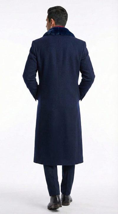 Men’s Dark Navy Blue Long Overcoat with Faux Fur Collar, Classic Winter Dress Coat for Formal