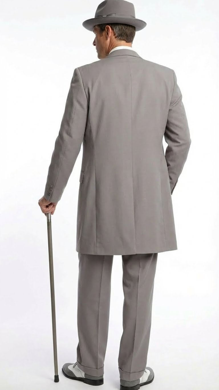 Men’s Gray Zoot Suit with Matching Hat and 1920s Shoes | Grey Vintage Wedding and Party Three Piece Suit