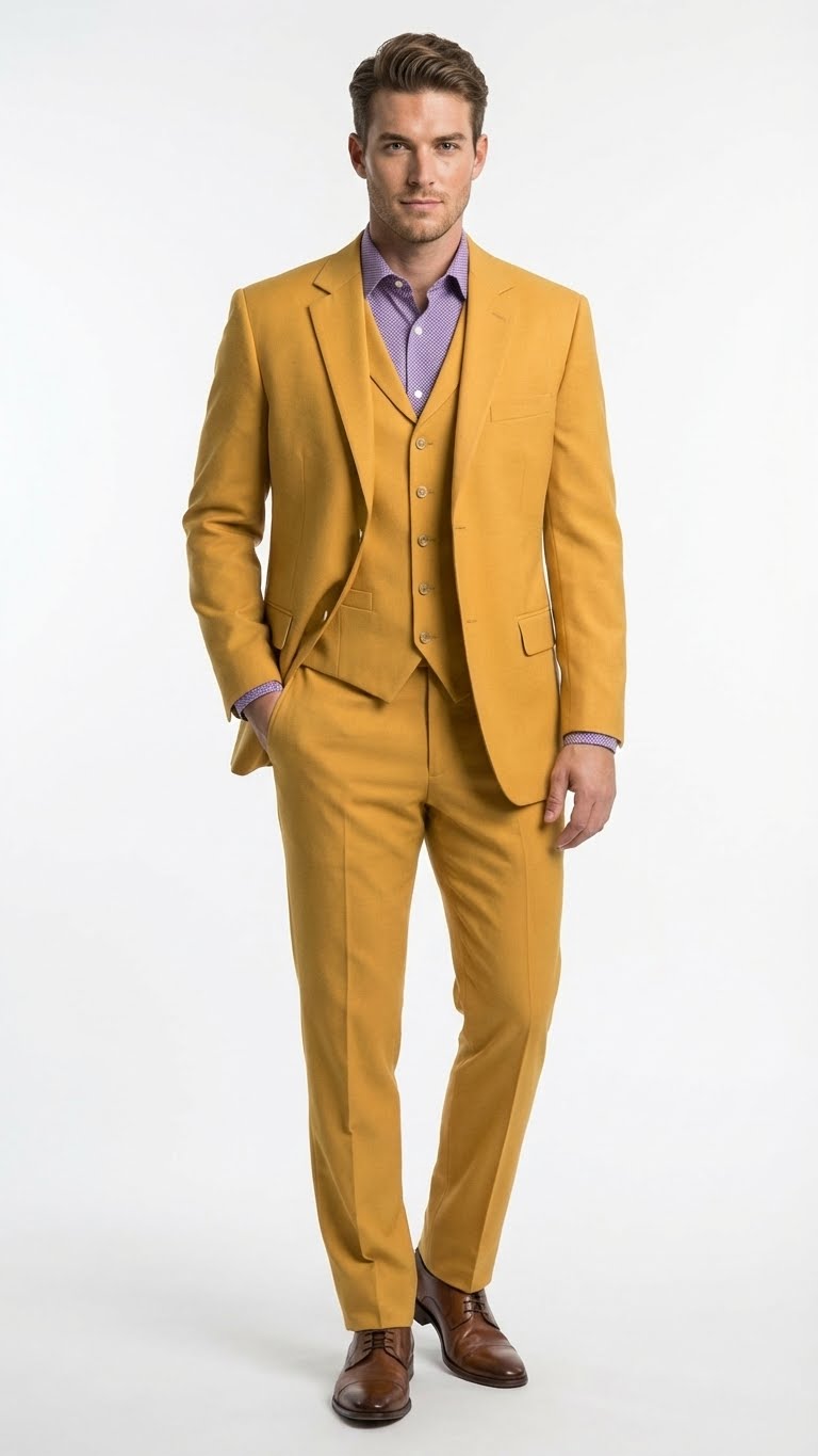 Men’s Mustard Yellow Three Piece Suit | 2 Button Notch Lapel Modern Fit in Gold Color - Church Suit