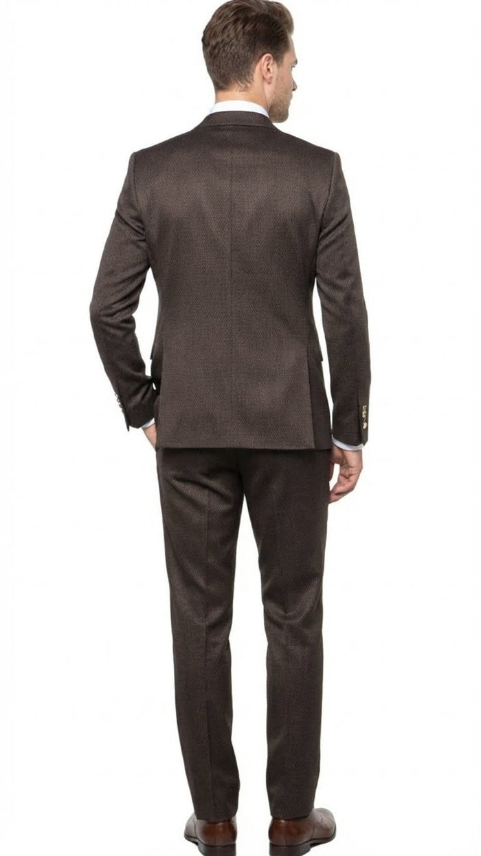 Men’s Chocolate Brown Textured 3-Piece Suit – Luxury Double-Breasted Vest Formal Set