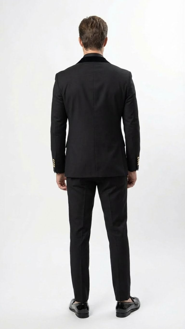 Men’s Black Double Breasted Tuxedo Suit – Luxury Formal Dinner Jacket Gold Buttons Velvet Lapel