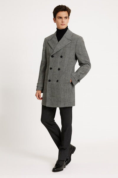 Grey Plaid Double-Breasted Overcoat with Faux Fur Collar