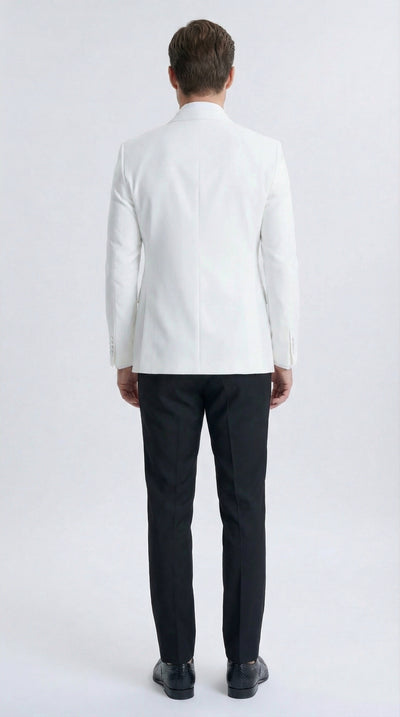 Men’s White Double Breasted Dinner Jacket Blazer with Black Pants – Formal Tuxedo Style Outfit for Weddings
