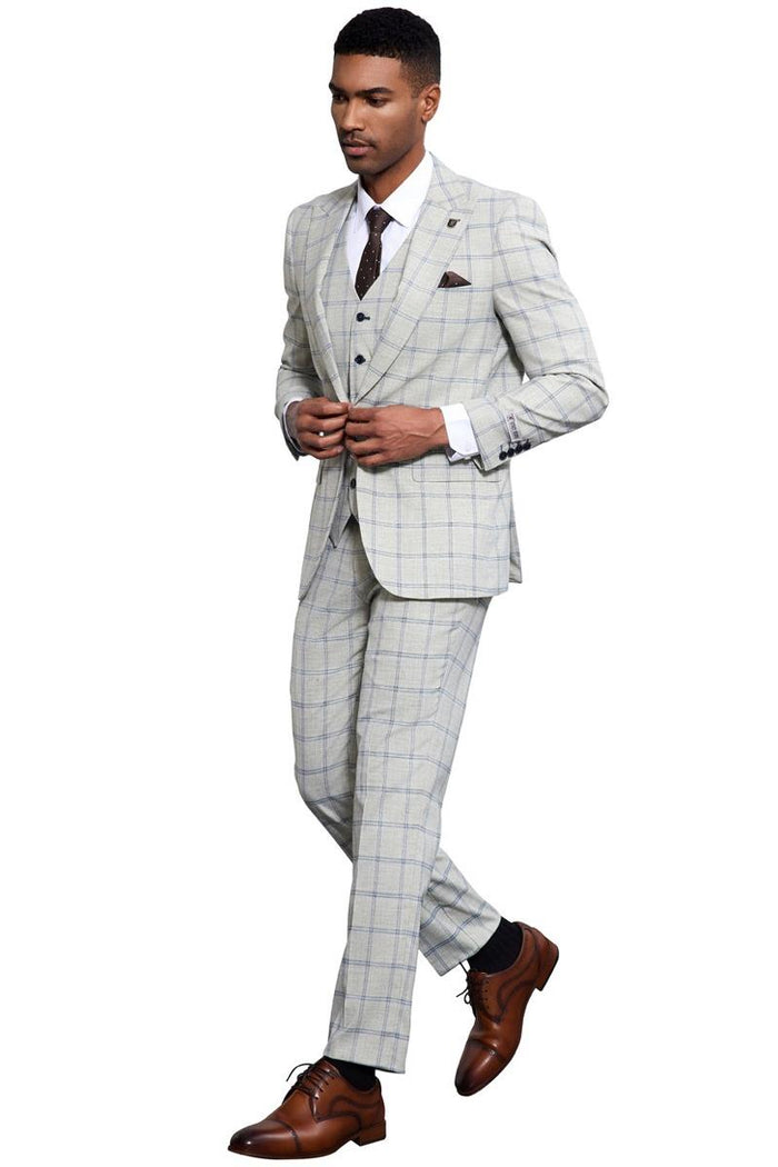 Stacy Adams Grey & Blue Windowpane Plaid Suit