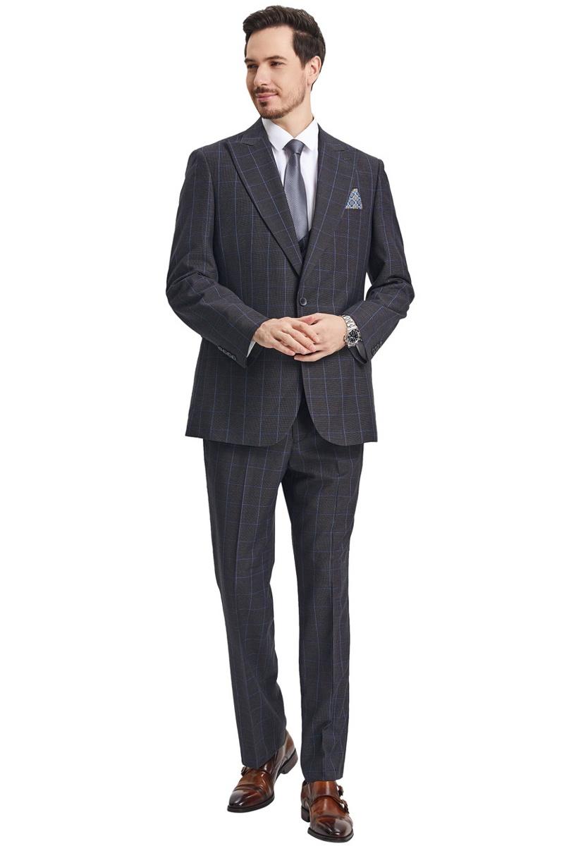 Stacy Adams Charcoal Windowpane Plaid Suit & Vest