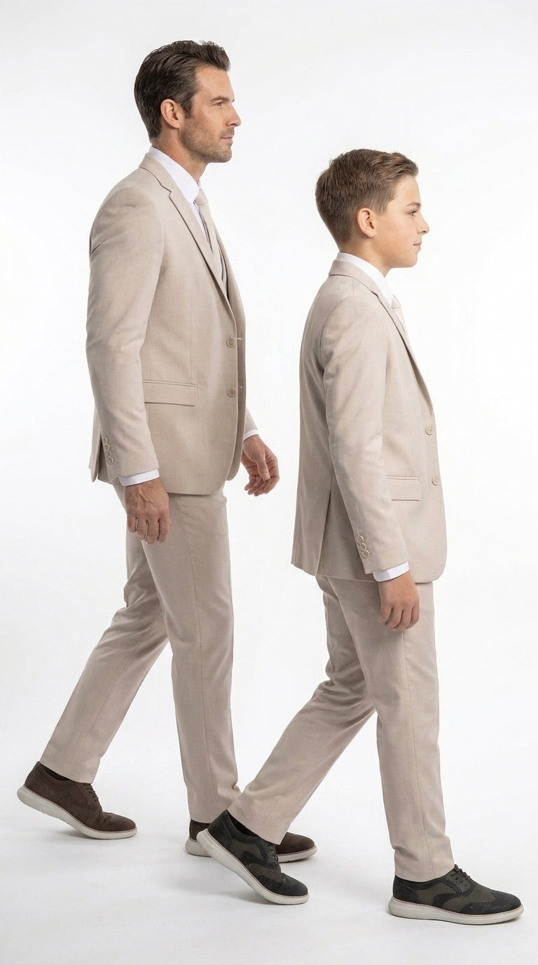Dad & Son Matching Beige 3-Piece Suits – Father and Son Wedding Formal Suits in Tan Color