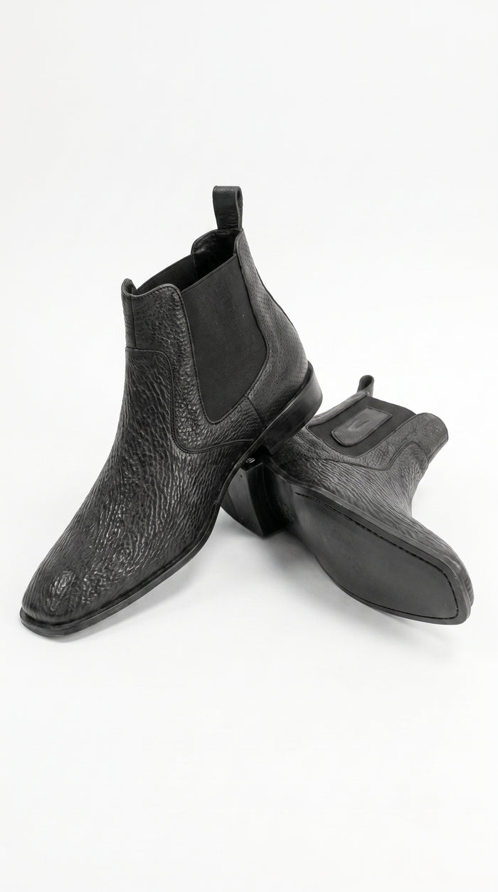 Men’s Shark Skin Cowboy Boots – Black Exotic Leather Western Chelsea Ankle Boots by Vestigium