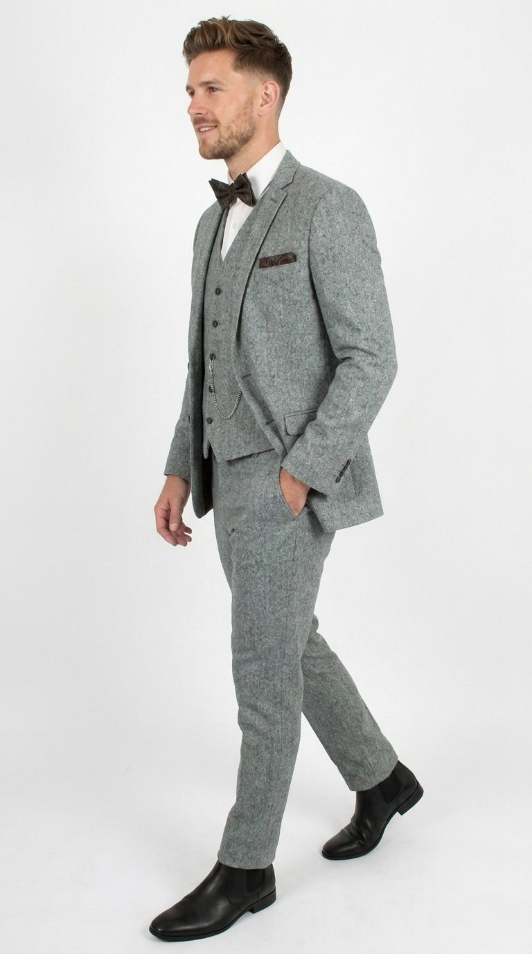 Men’s Grey Edwardian 3 Piece Suit – Vintage Victorian Wedding Suit with Vest Herringbone Tweed Fabric