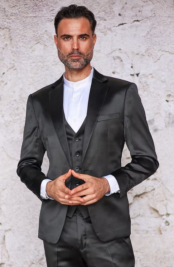 Men’s Black Satin 3 Piece Suit, Formal Wedding Prom Dress Suit with Vest