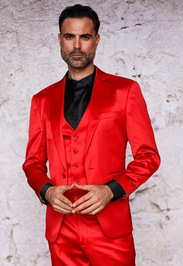 Red Satin Slim-Fit 3-Piece Suit for Men