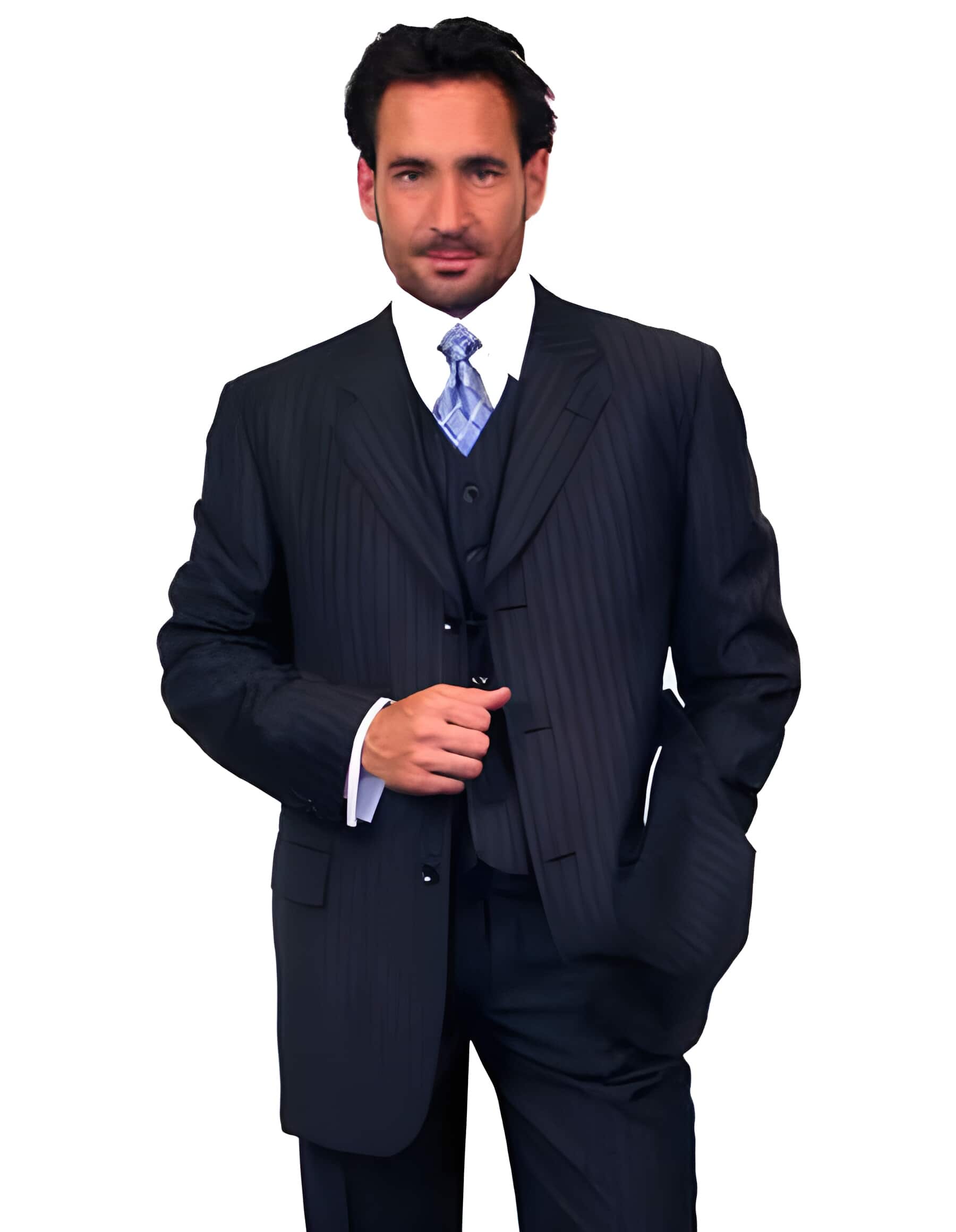 100% Wool Vested Dark Navy Blue Suit For Men - Navy Blue Pinstripe Suit