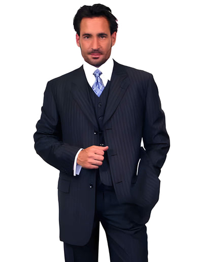 100% Wool Vested Dark Navy Blue Suit For Men - Navy Blue Pinstripe Suit