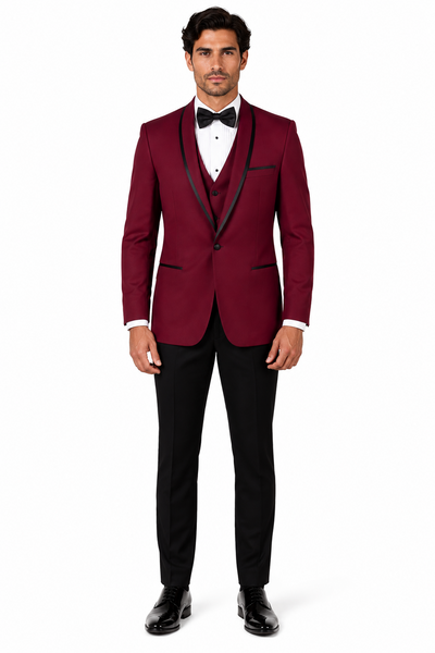 3-Piece Tailored Fit Wool Suit with Bow Tie and Flat Front Pants - Burgundy