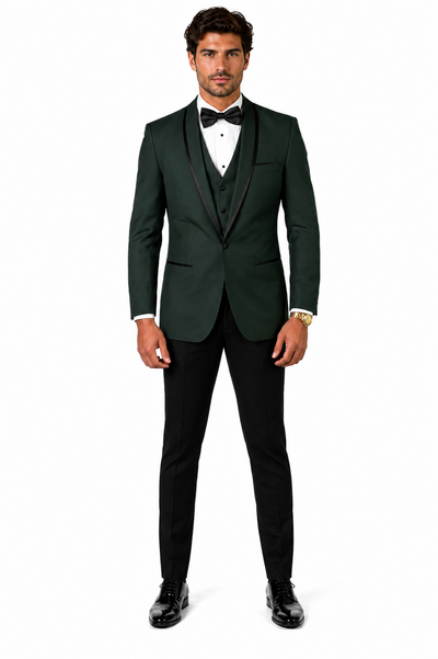 3-Piece Tailored Fit Wool Suit with Bow Tie and Flat Front Pants - Hunter