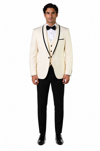 3-Piece Tailored Fit Wool Suit with Bow Tie and Flat Front Pants - Off-White
