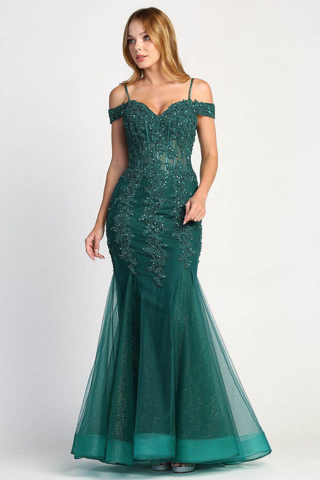 Adora Design 3005 Off Shoulder Beaded Lace Corset Prom Gown