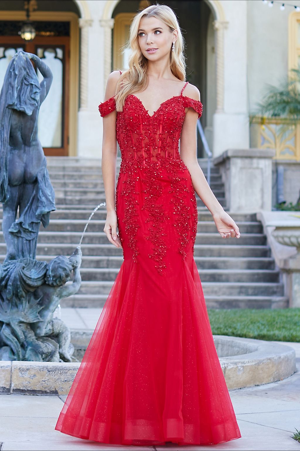 Adora Design 3005 Off Shoulder Beaded Lace Corset Prom Gown