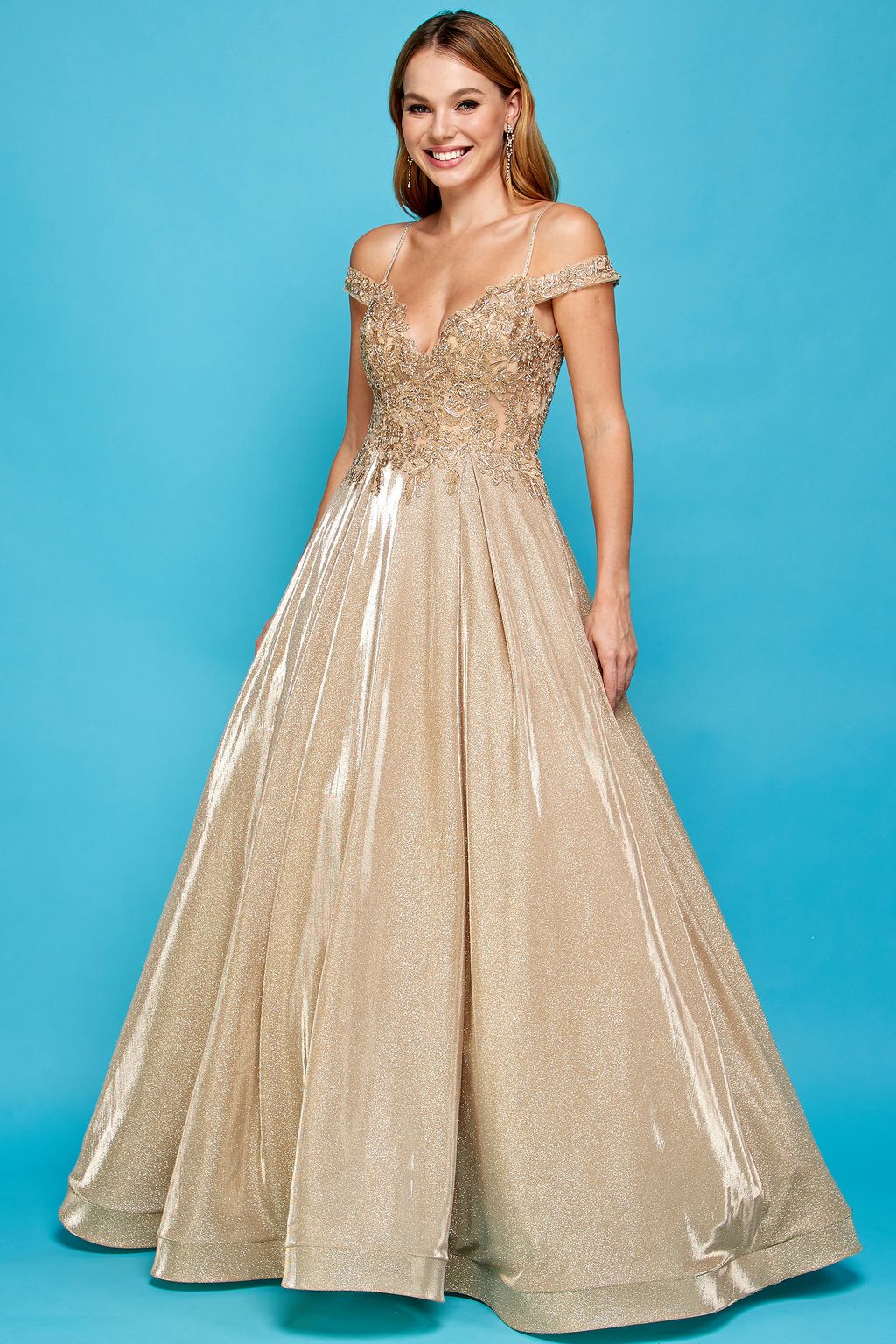 Adora Design 3007 Off Shoulder Glitter Metallic A Line Prom Dress