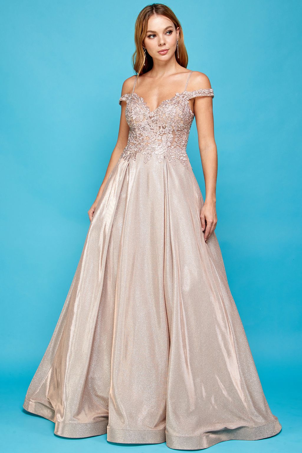 Adora Design 3007 Off Shoulder Glitter Metallic A Line Prom Dress