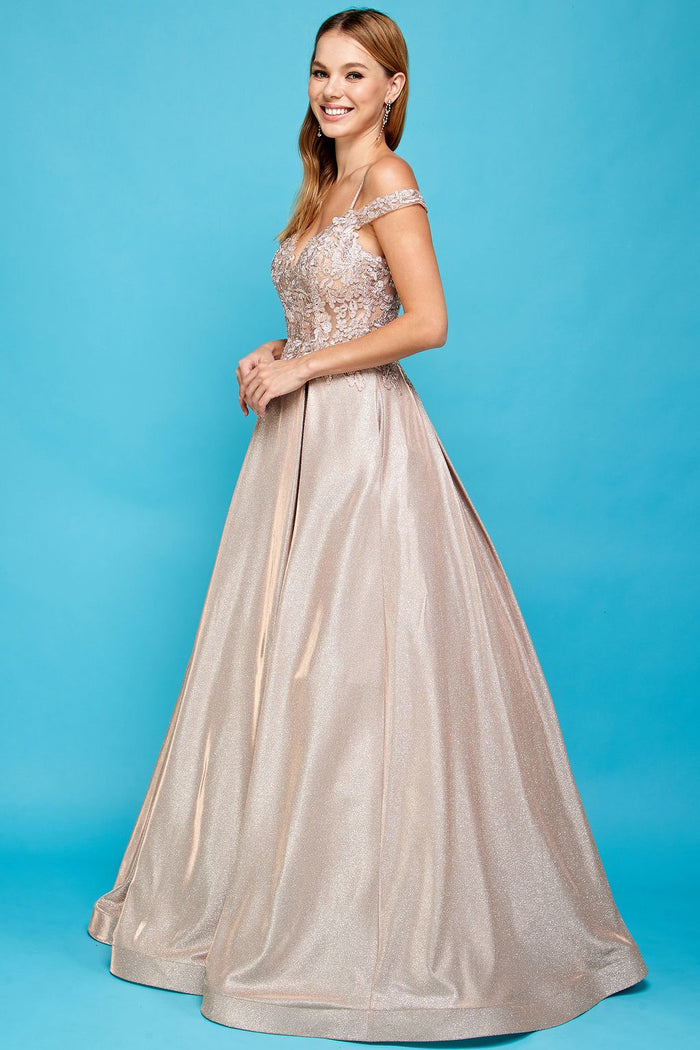 Adora Design 3007 Off Shoulder Glitter Metallic A Line Prom Dress