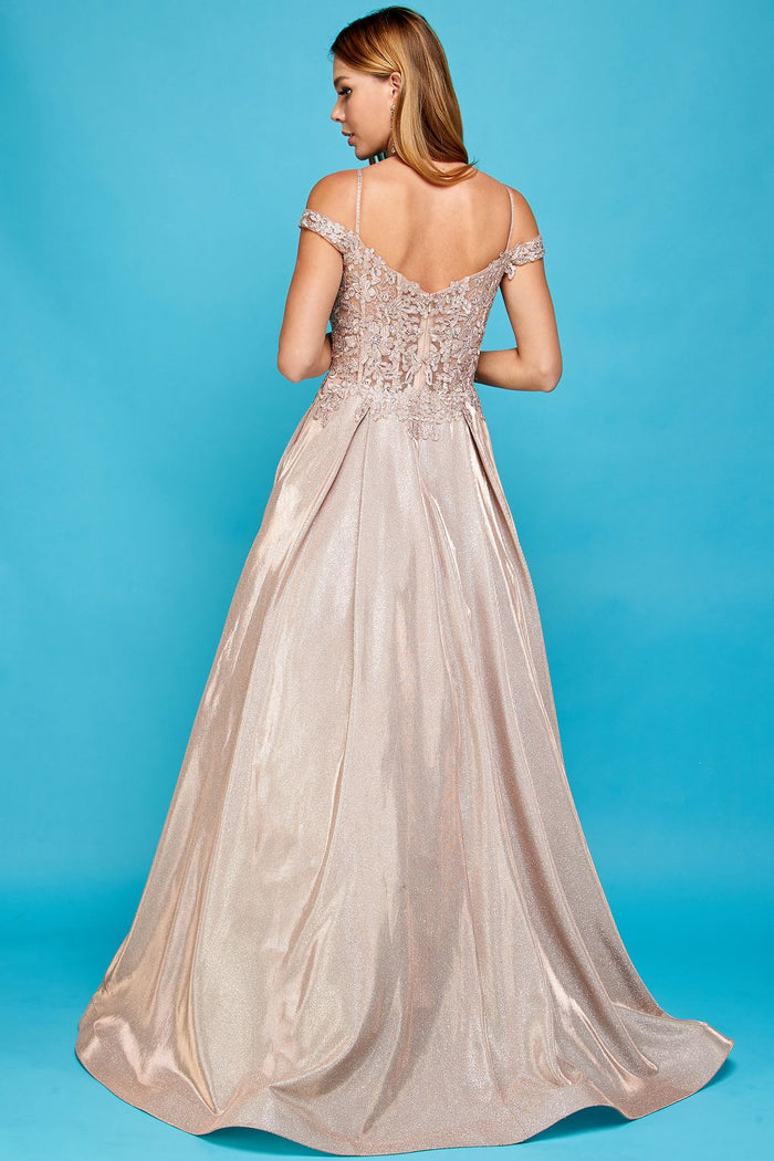 Adora Design 3007 Off Shoulder Glitter Metallic A Line Prom Dress