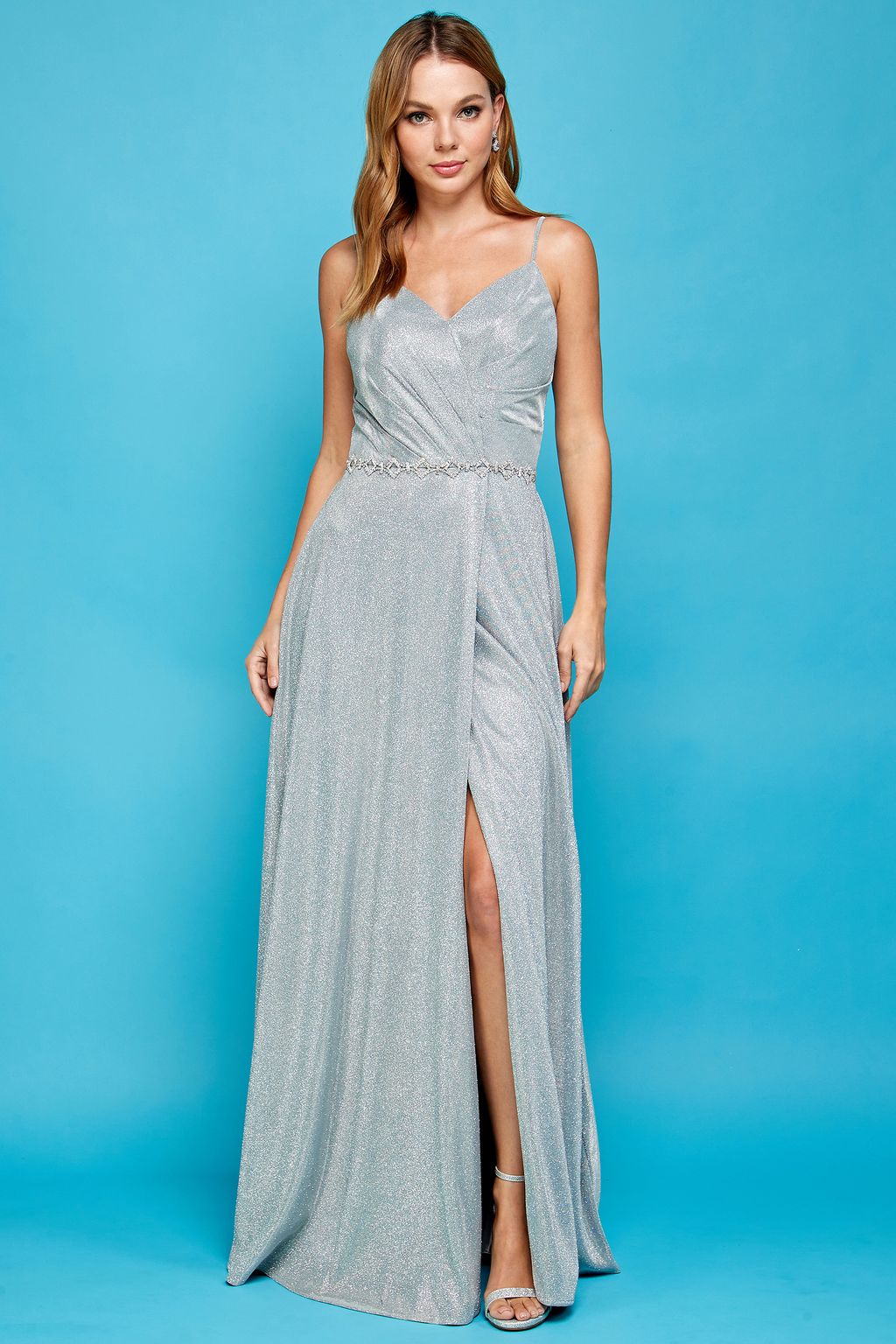 Adora Design 3028 Metallic Glitter Pleated Long Formal Prom Dress