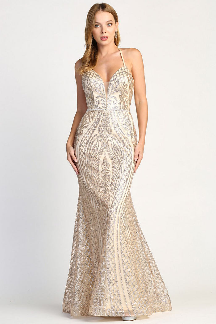 Adora Design 3037 Halter Lace-Up Fitted Long Formal Prom Gown