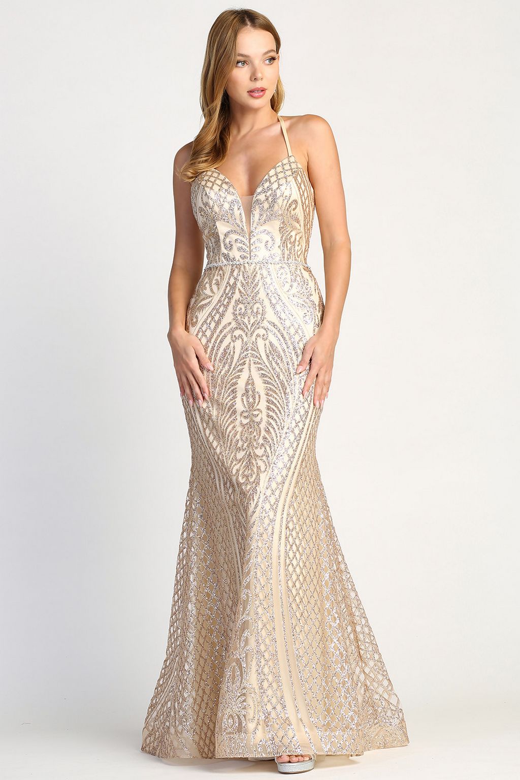 Adora Design 3037 Halter Lace-Up Fitted Long Formal Prom Gown