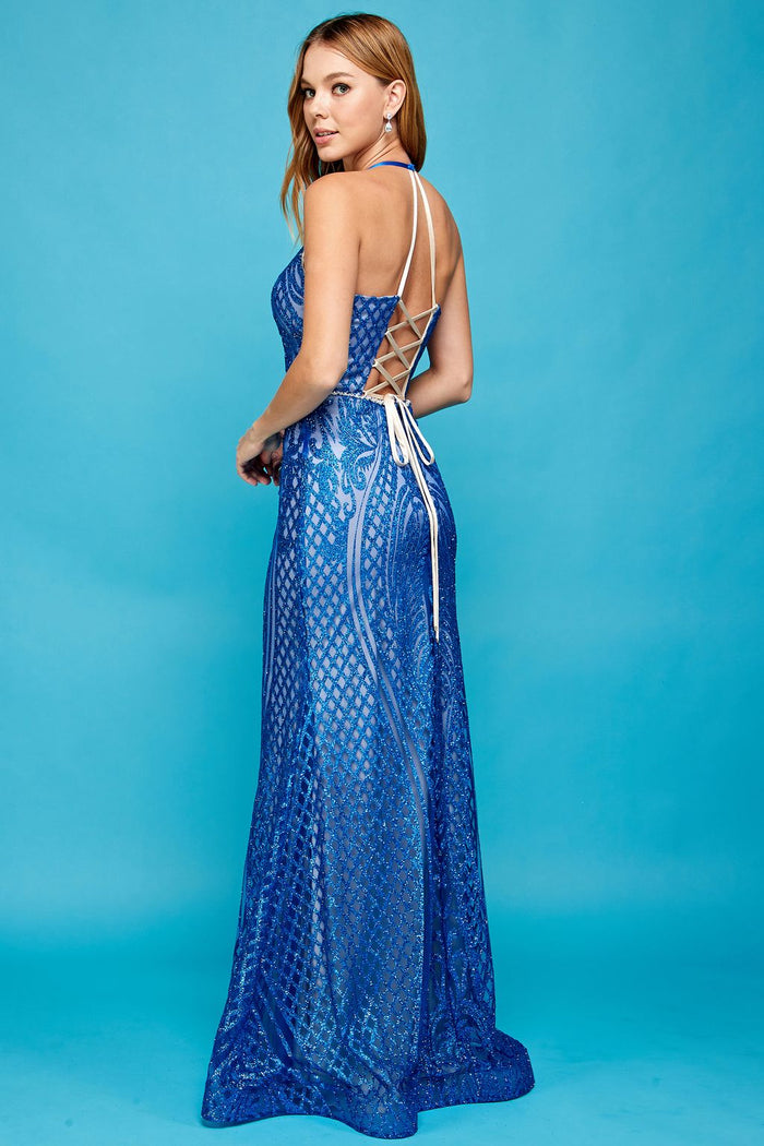 Adora Design 3037 Halter Lace-Up Fitted Long Formal Prom Gown