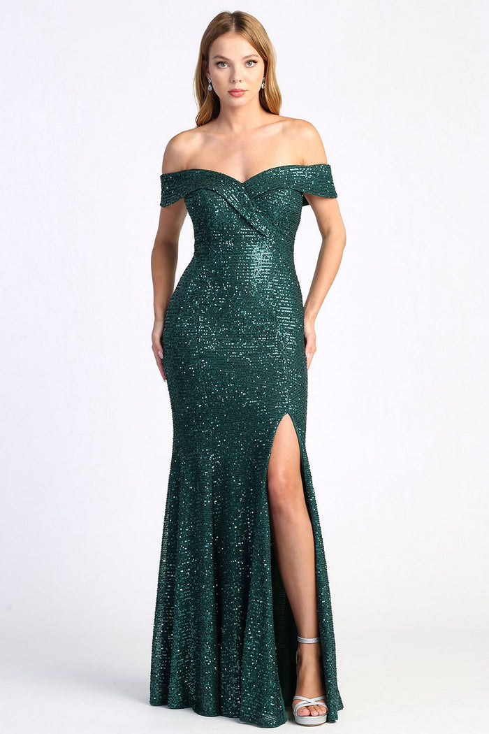 Adora 3059 Off-Shoulder Sequin Fitted Slit Long Formal Prom Dress