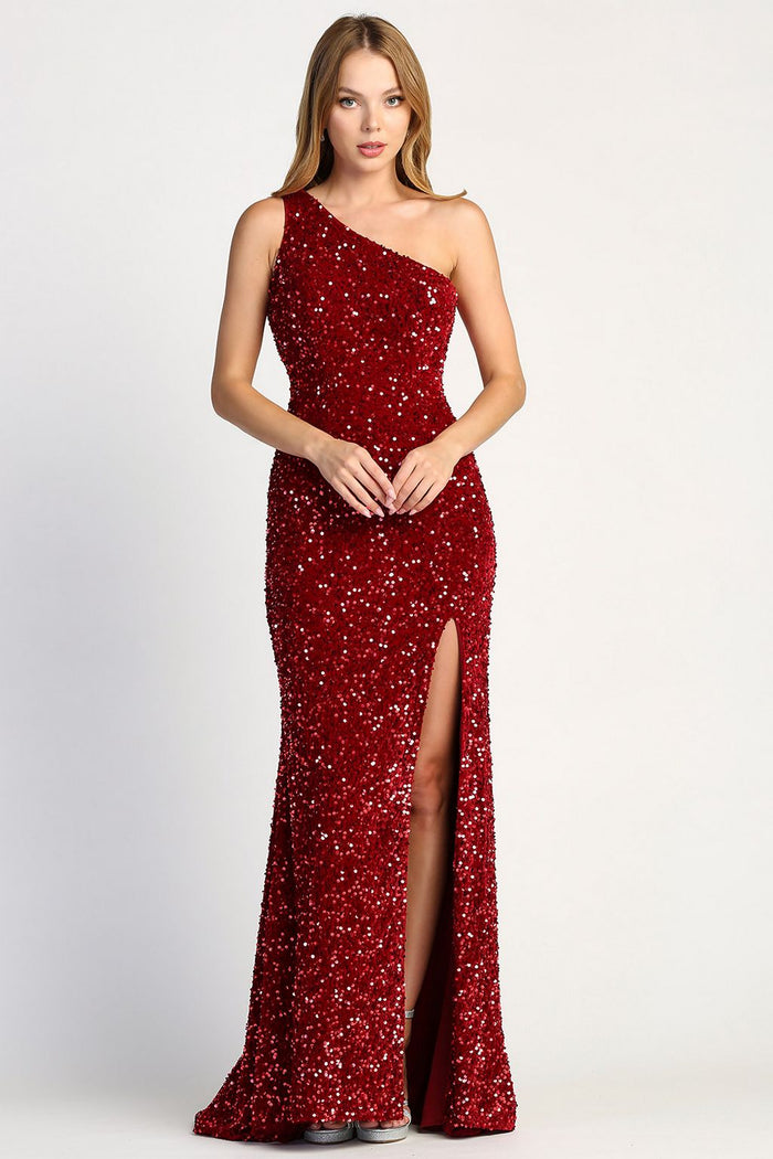 Adora Design 3067 One Shoulder Sequin Cutout Slit Gown