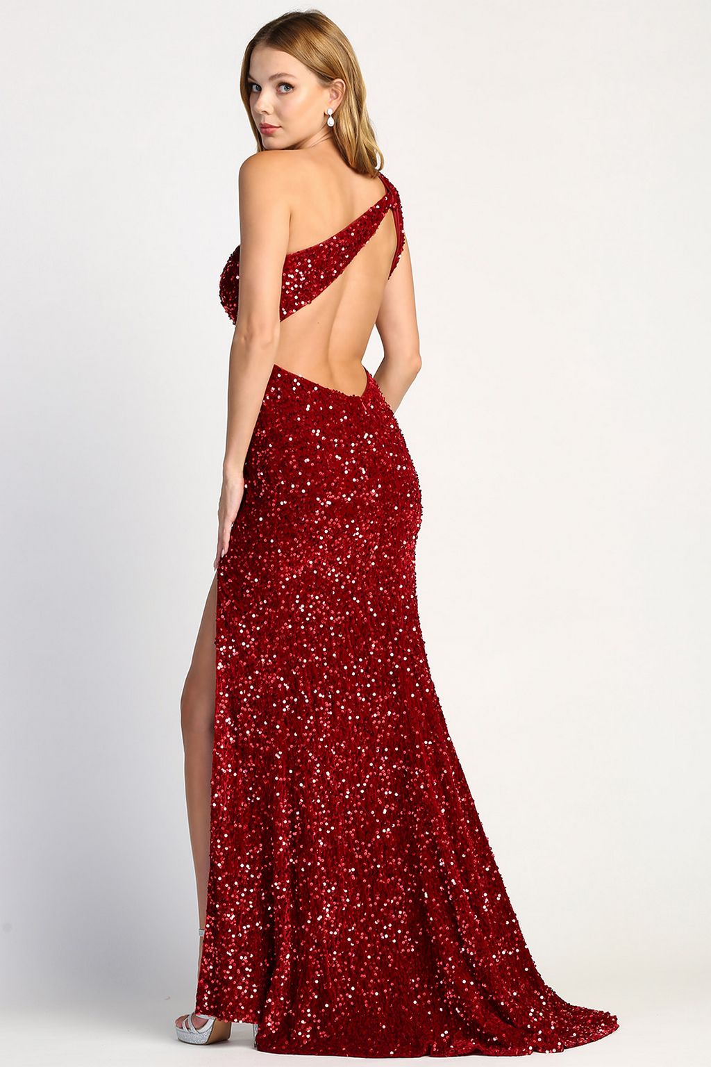 Adora Design 3067 One Shoulder Sequin Cutout Slit Gown