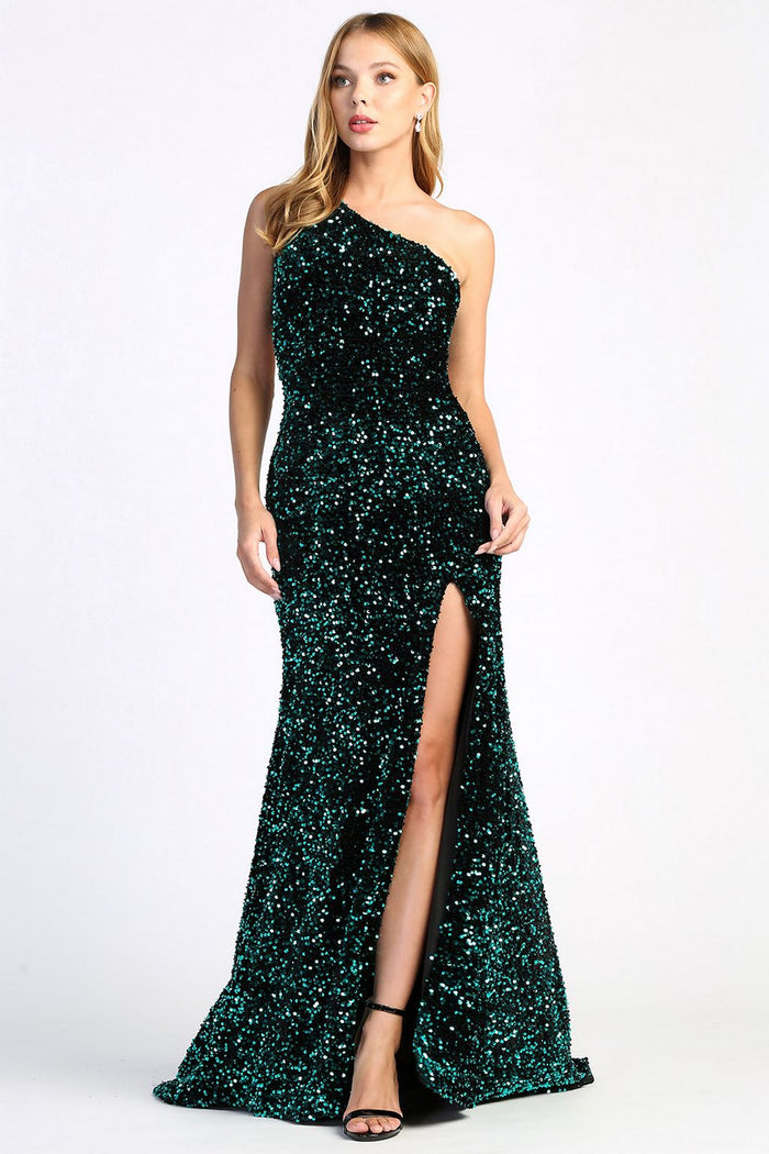 Adora Design 3067 One Shoulder Sequin Cutout Slit Gown