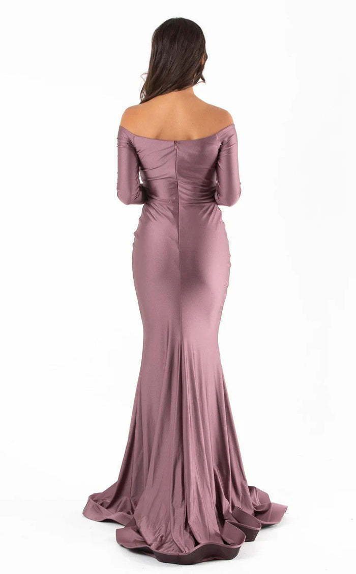 Jessica Angel JA306 Off-Shoulder Fitted Ruched Slit Prom Formal Jersey Dress
