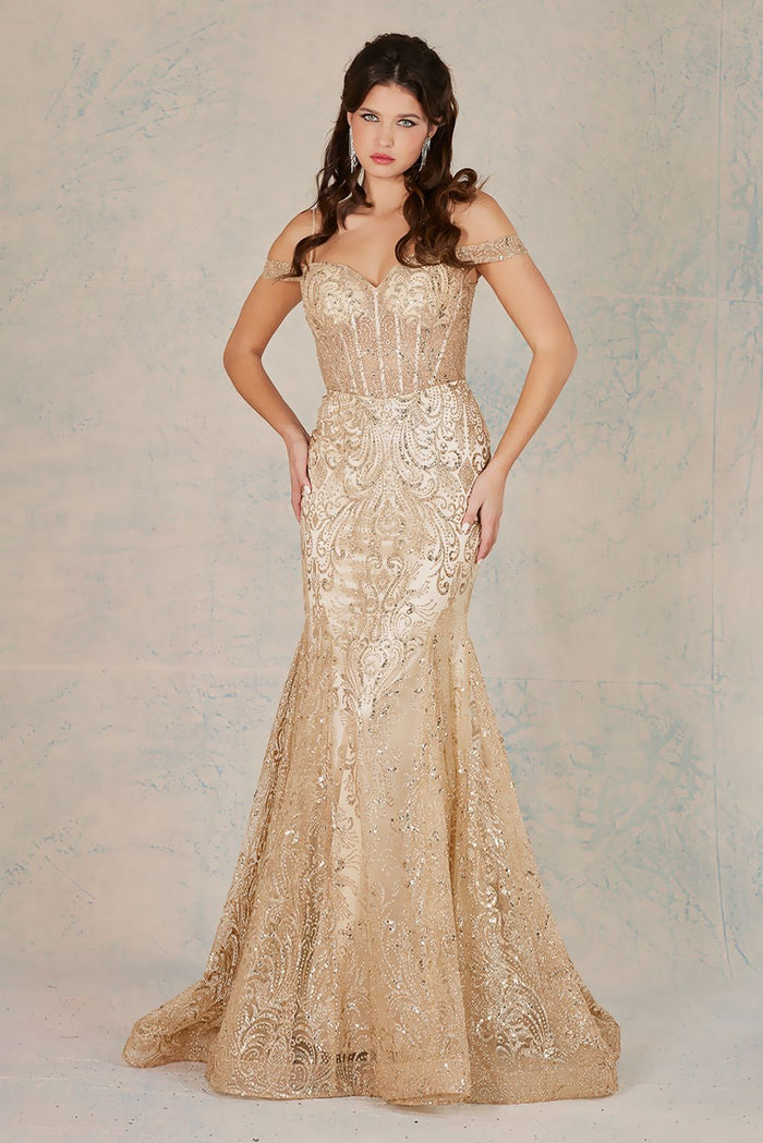Adora Design 3076 Off Shoulder Glitter Sheer Boned Prom Gown