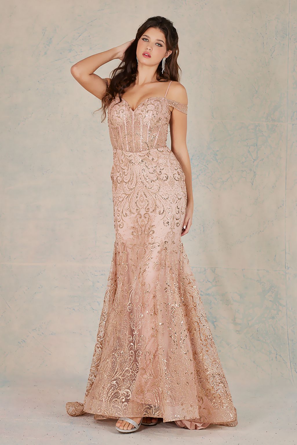 Adora Design 3076 Off Shoulder Glitter Sheer Boned Prom Gown