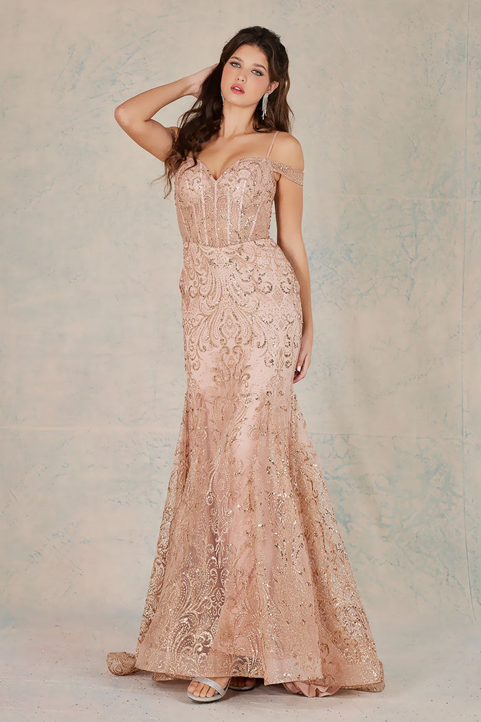 Adora Design 3076 Off Shoulder Glitter Sheer Boned Prom Gown