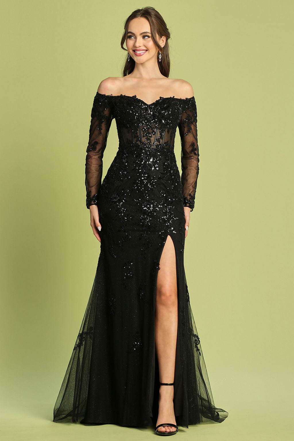 Adora Design 3079 Off Shoulder Beaded Sheer Corset Prom Gown