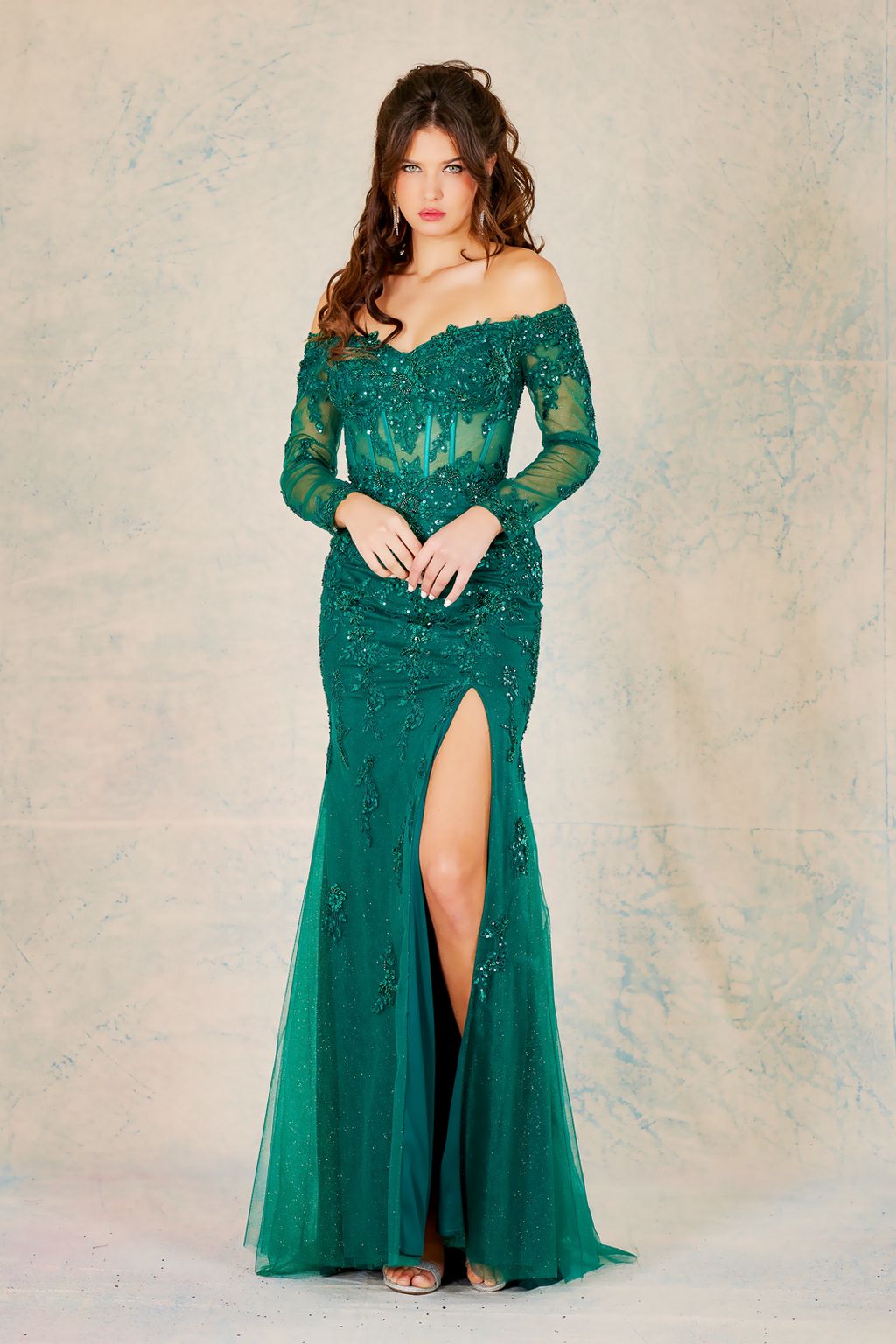 Adora Design 3079 Off Shoulder Beaded Sheer Corset Prom Gown