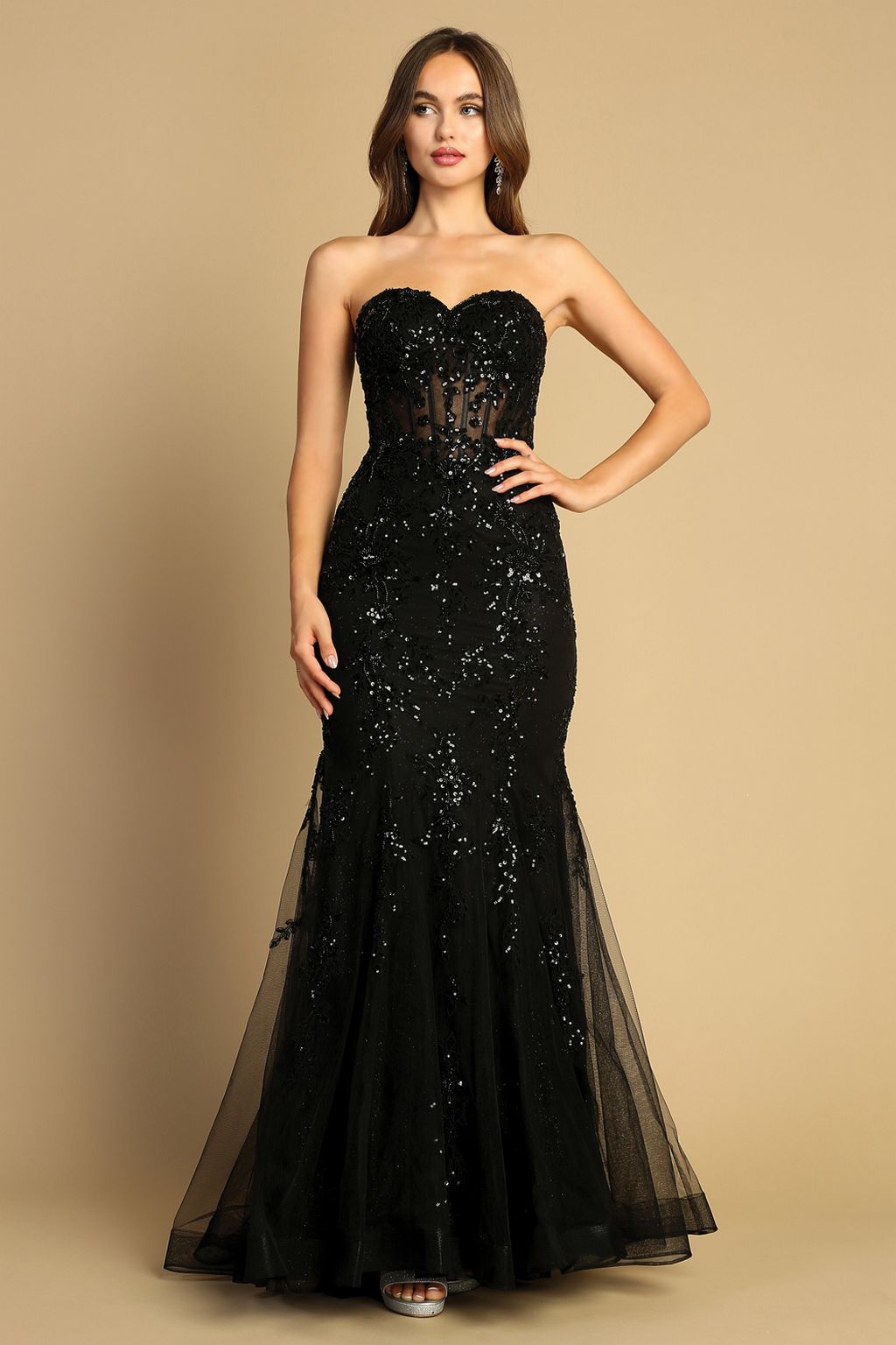 Adora 3080 Strapless Beaded Lace Mermaid Long Formal Prom Dress
